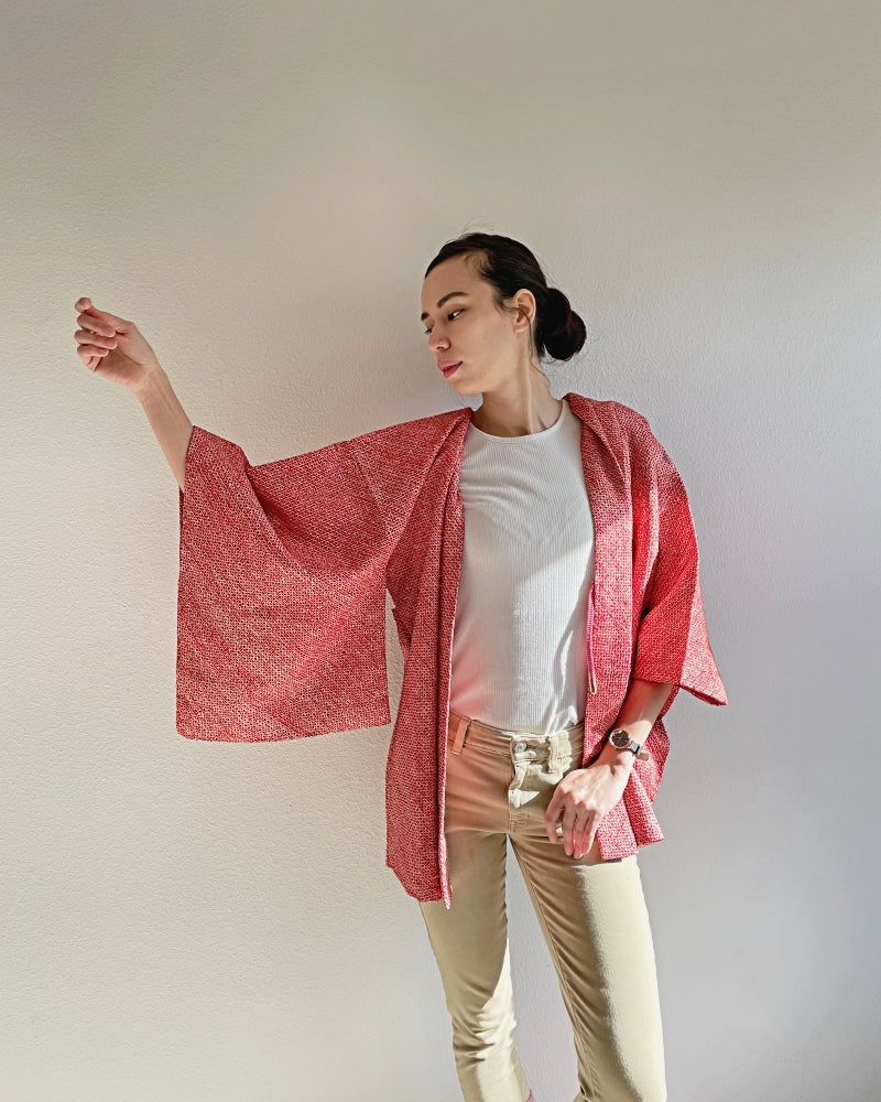 Simple Black and Red Kanoko Shibori Haori Kimono Jacket