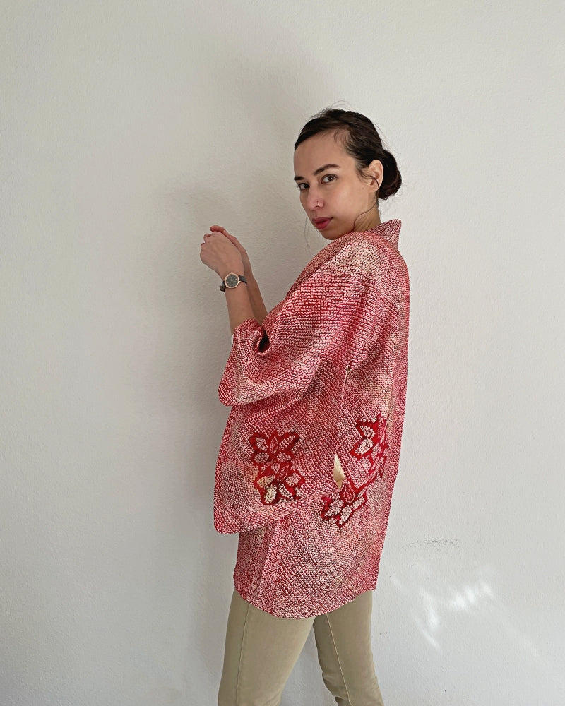 Red Orchid  Shibori Haori Kimono Jacket