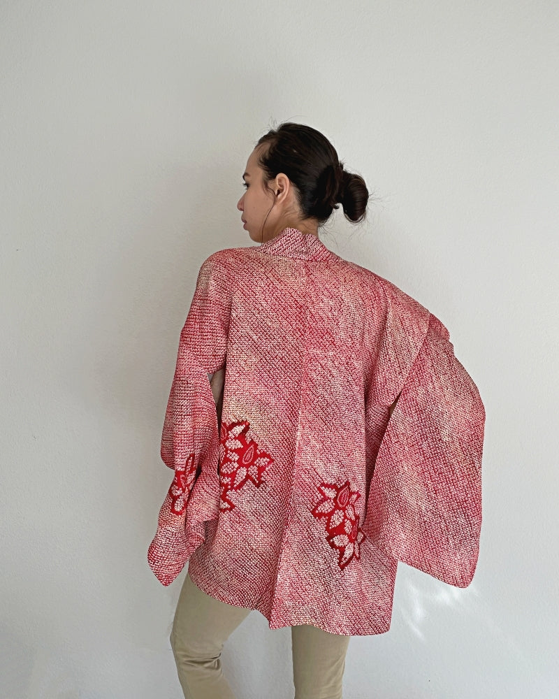 Red Orchid  Shibori Haori Kimono Jacket