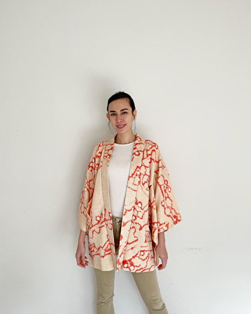 Geometric Cherry Blossom Branch Shibori Haori Kimono Jacket