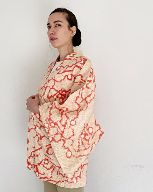 Geometric Cherry Blossom Branch Shibori Haori Kimono Jacket