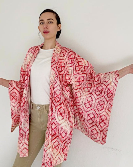 Tortoise blocked Shibori Haori Kimono Jacket