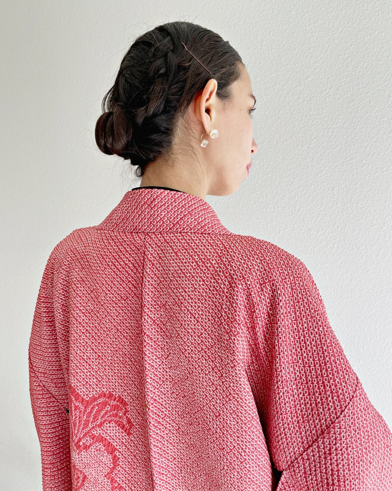 Deep Coral Bell Flower Shibori Haori Kimono Jacket