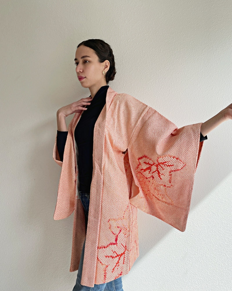 Light Teal Destitched Haori Fabric - 9.5 Meters of Kimono fashion Jacket Silk Scraps Remnants - Colorful Metallic Threading Leaves - Upcycling Ideas