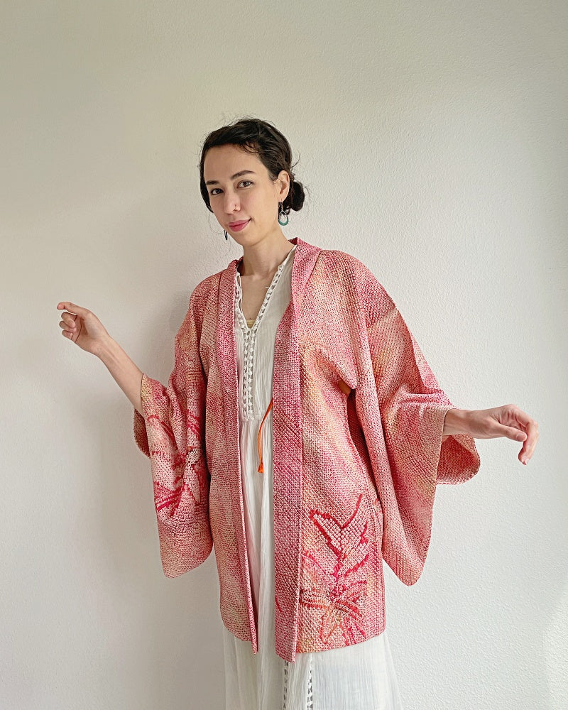 Pink Bamboo Leaves Shibori Kimono Jacket