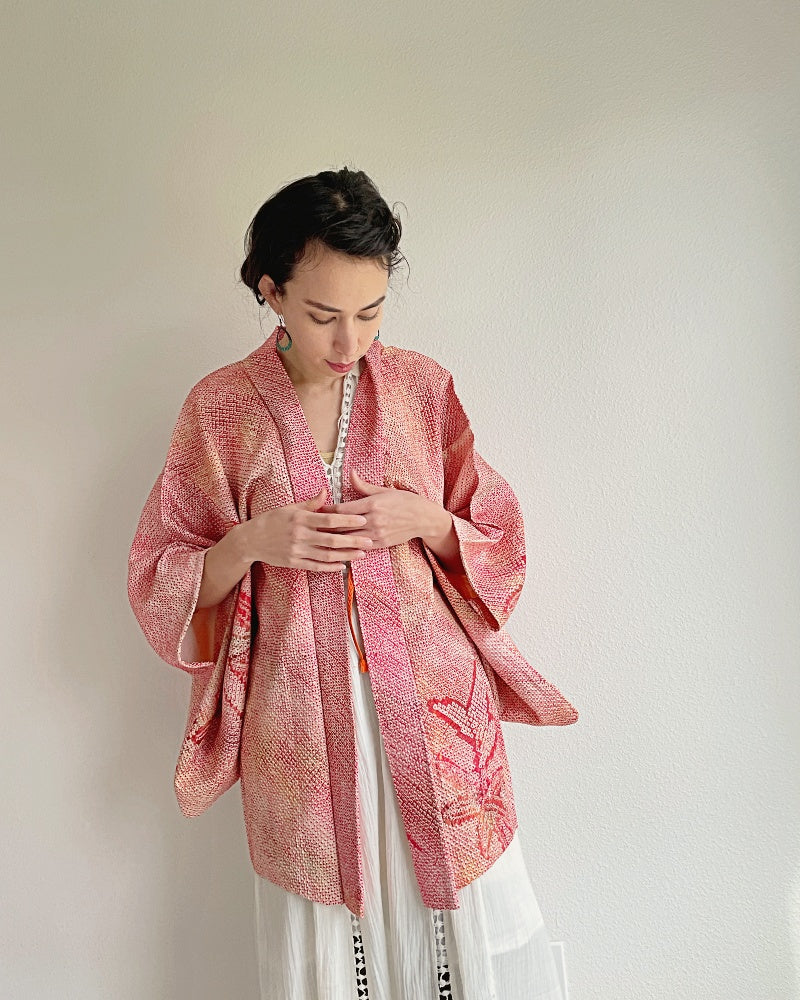 Pink Bamboo Leaves Shibori Kimono Jacket