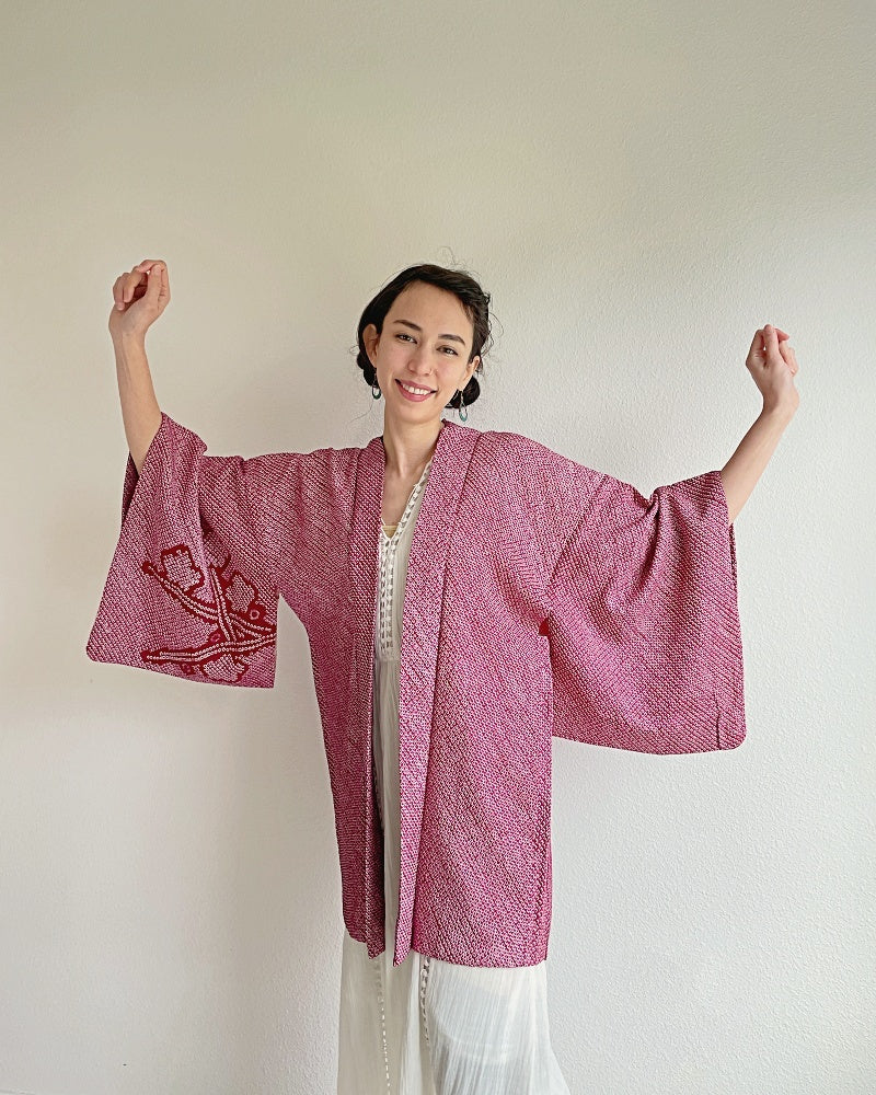 Elegant Plum Flower Shibori Kimono Jacket