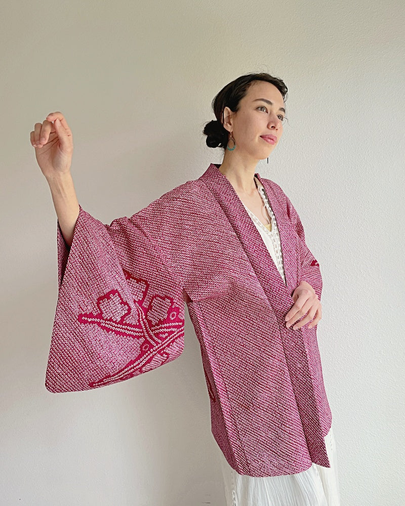 Elegant Plum Flower Shibori Kimono Jacket