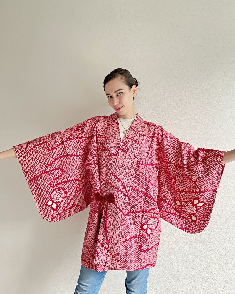 Fun Wavy Camellia Shibori Haori Kimono Michiyuki Wrap Jacket