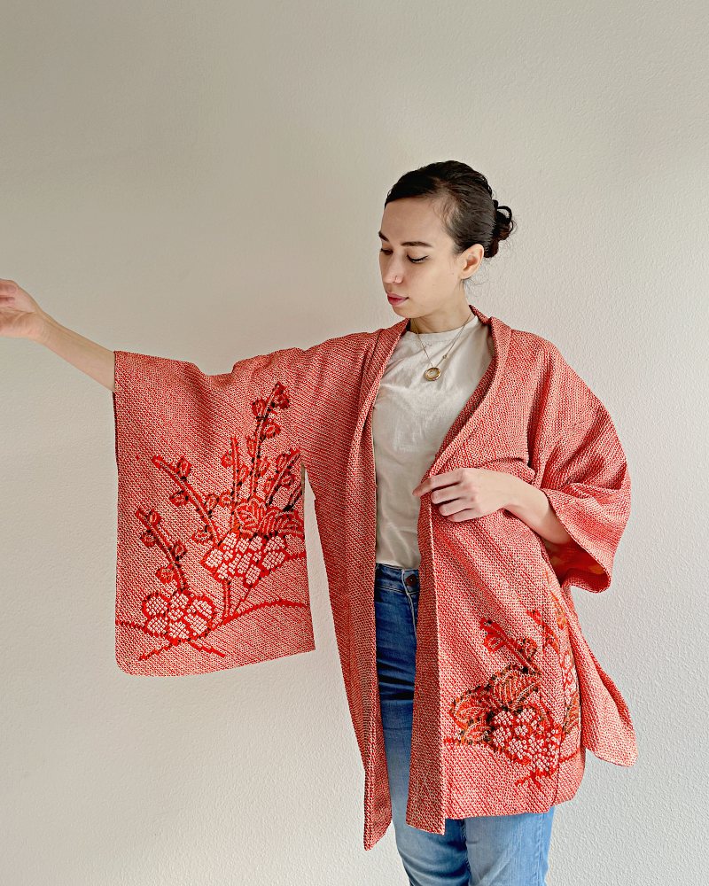 Orange Plum Floral Shibori Haori Kimono Jacket