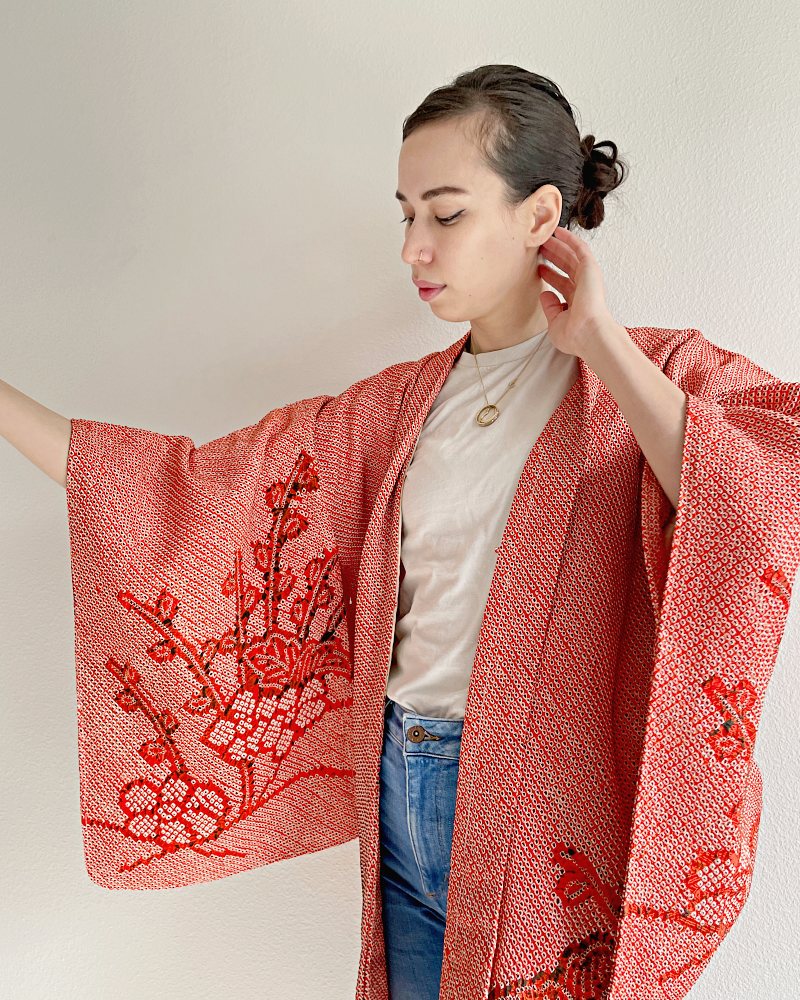 Orange Plum Floral Shibori Haori Kimono Jacket