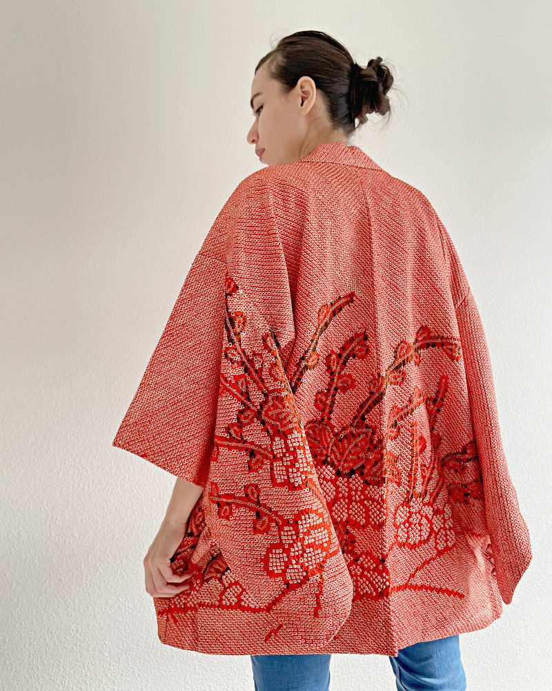 Orange Plum Floral Shibori Haori Kimono Jacket
