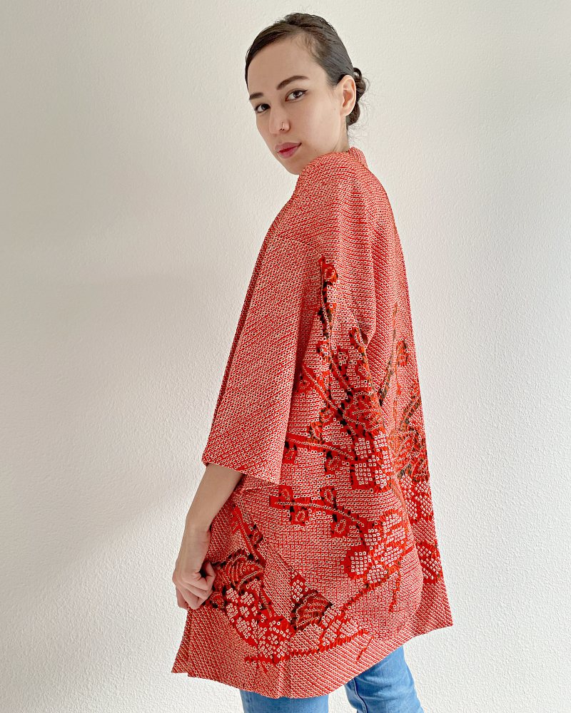 Orange Plum Floral Shibori Haori Kimono Jacket