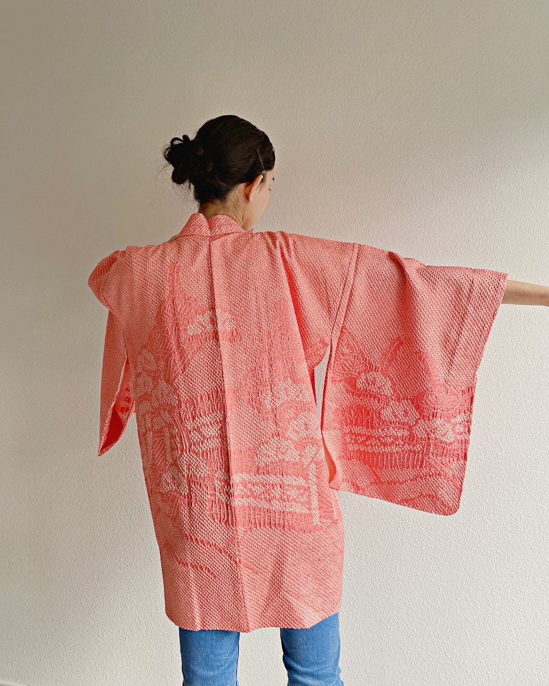 Coral Sunset Shibori Haori Kimono Jacket