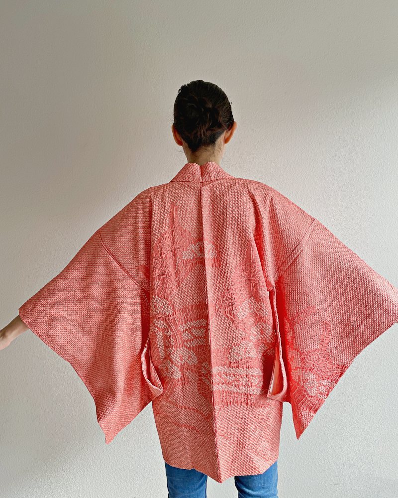 Coral Sunset Shibori Haori Kimono Jacket