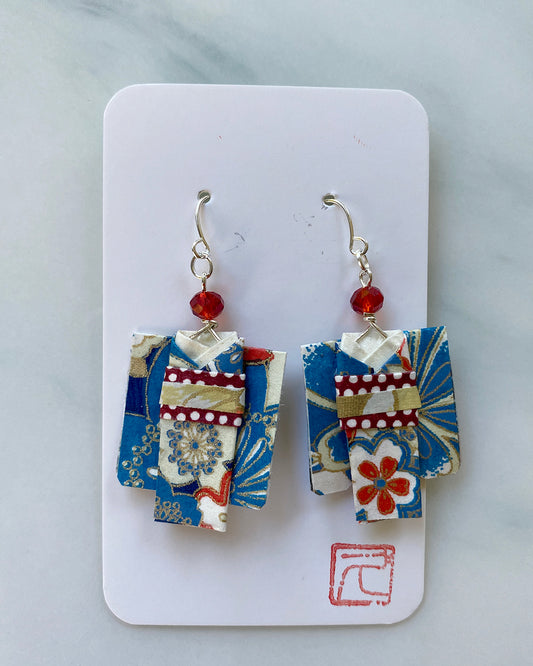 Kimono Origami Jewelry Zen Earrings Blue/Red Dots