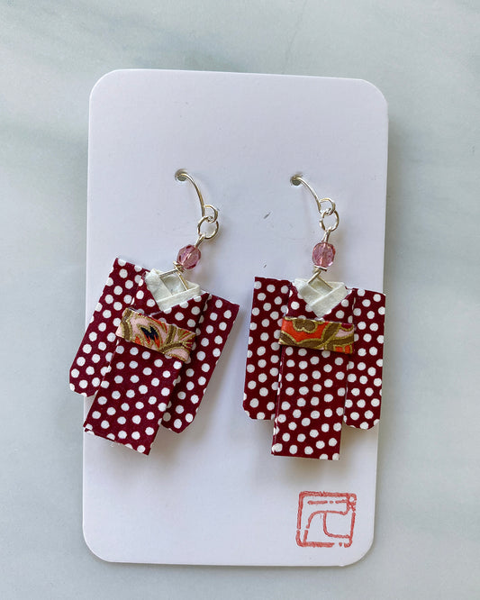 Kimono Origami Jewelry Zen Earrings Red Dots