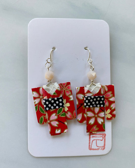 Kimono Origami Jewelry Zen Earrings Sakura Red