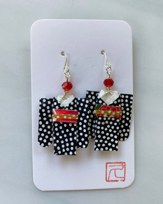 Kimono Origami Jewelry Zen Earrings Black Dots/Red