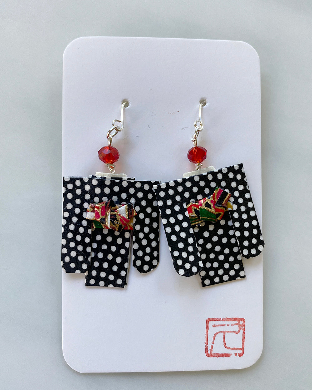 Kimono Origami Jewelry Zen Earrings Black Dots/Red