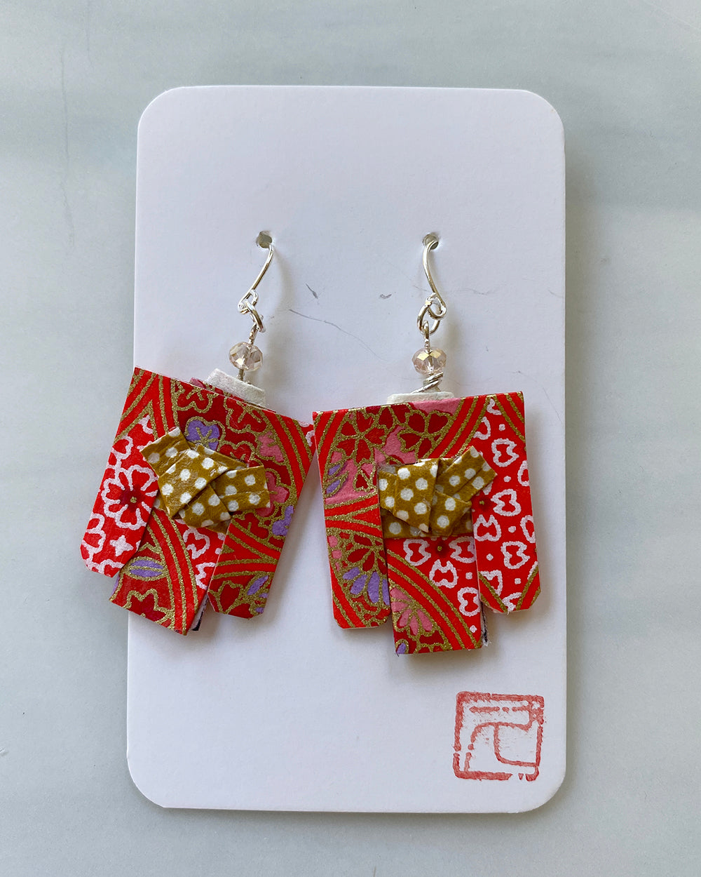 Kimono Origami Jewelry Zen Earrings Red/Mustard