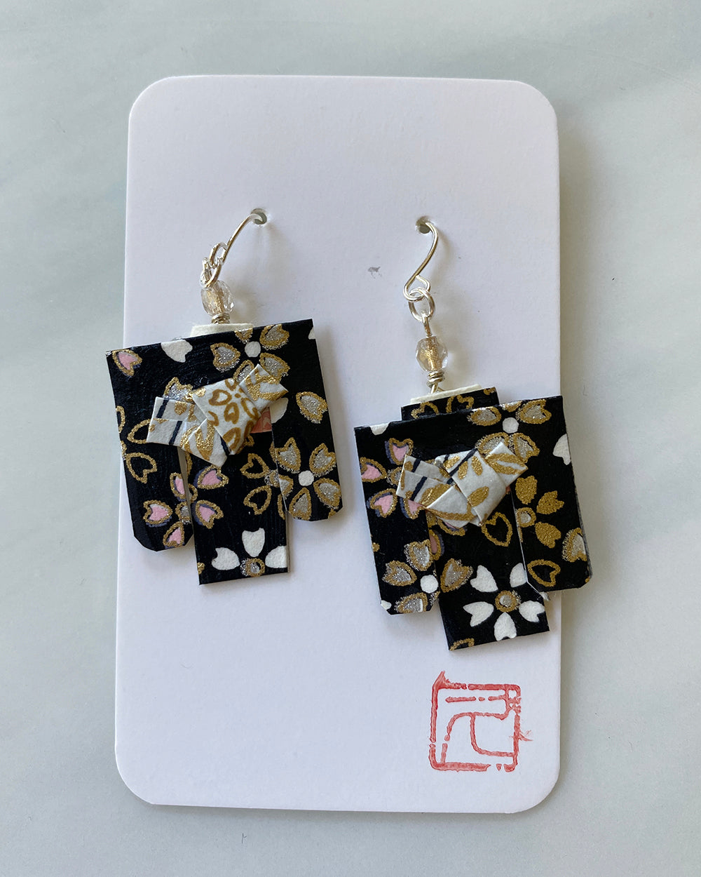 Kimono Origami Jewelry Zen Earrings Black Sakura /Pink
