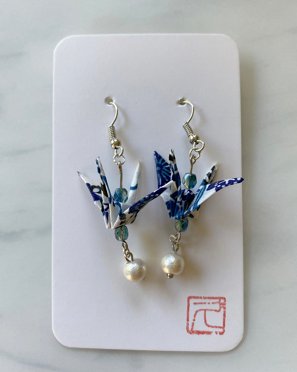 Crane Tsuru Origami Jewelry Zen Earrings Blue/White