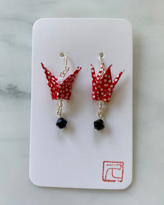 Crane Tsuru Origami Jewelry Zen Earrings Red Dots