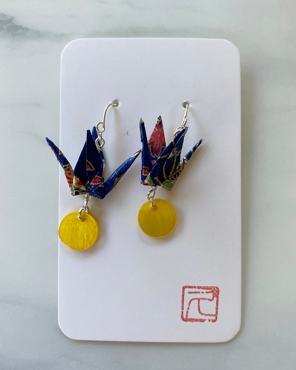Crane Tsuru Origami Jewelry Zen Earrings Navy/Yellow