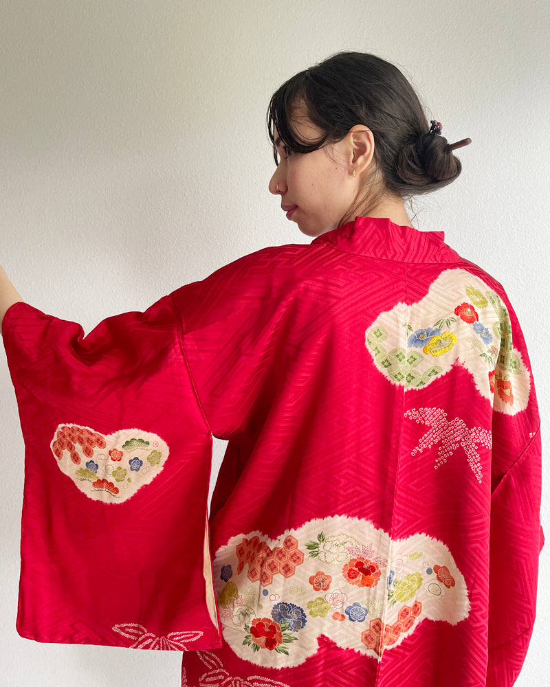 Embroidery of Japanese Traditional Pine Bamboo Plum Blossom, Shibori Haori Kimono Jacket