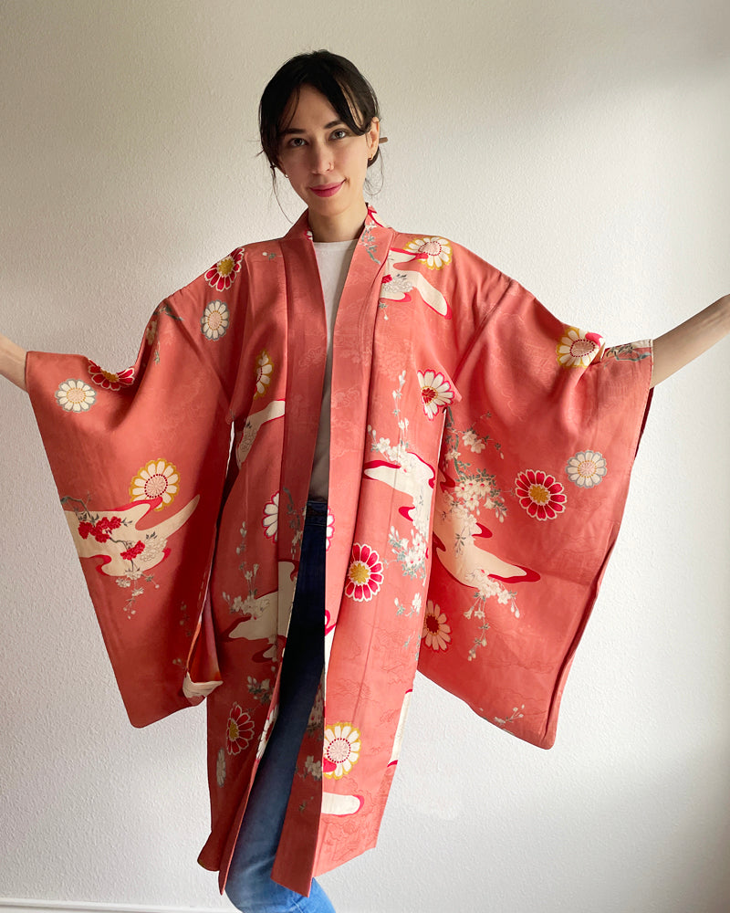 Japanese Traditional Flower Long Haori Kimono Jacket