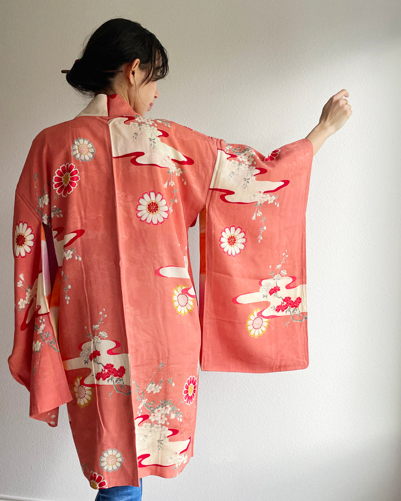 Japanese Traditional Flower Long Haori Kimono Jacket