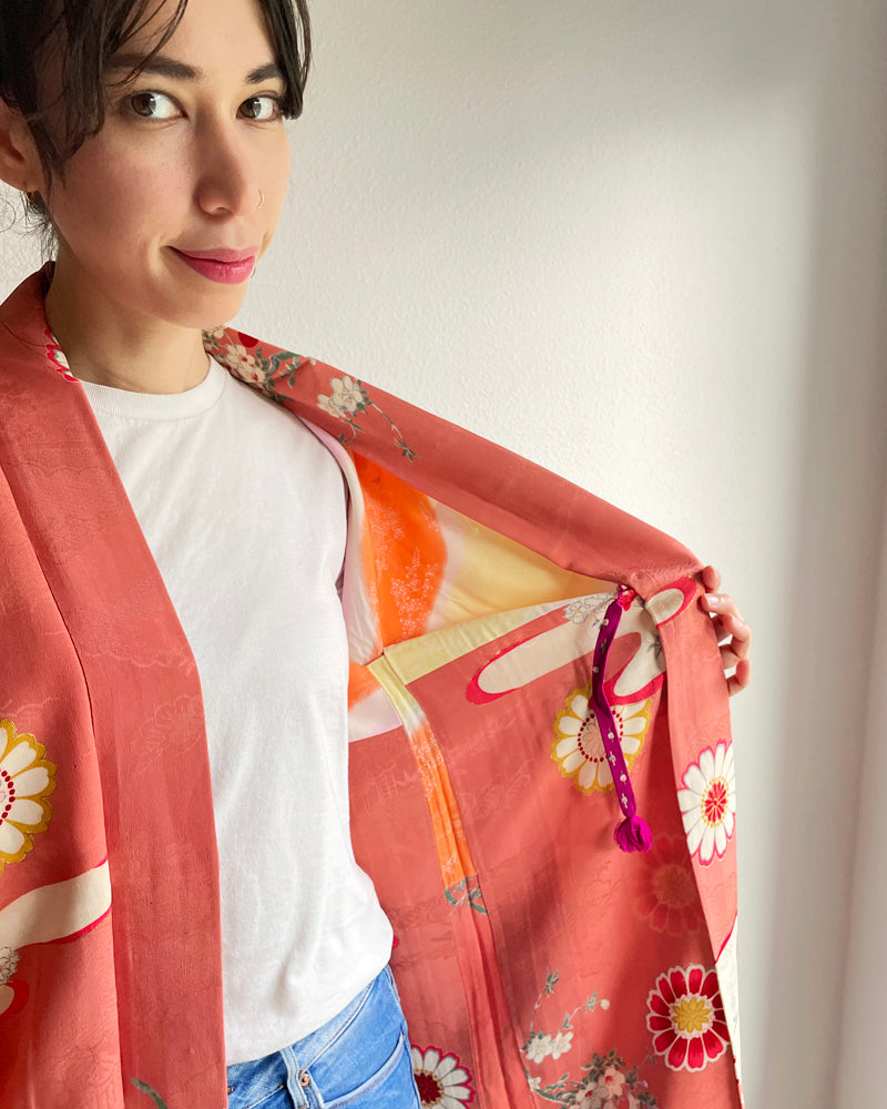Japanese Traditional Flower Long Haori Kimono Jacket