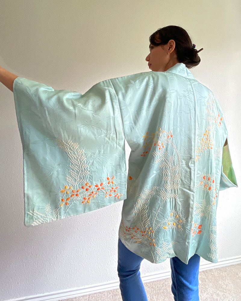Flower Embroidery and Shibori Haori Kimono Jacket