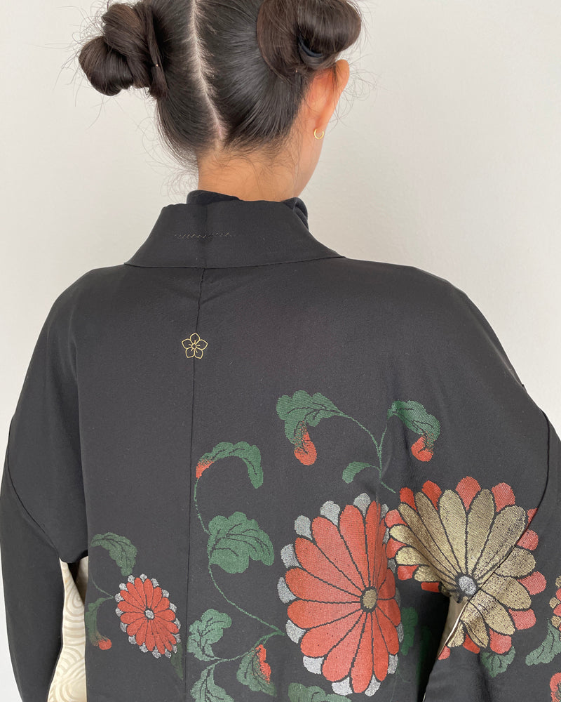 Weaving Embroidery of Chrysanthemum Black Haori Kimono Jacket