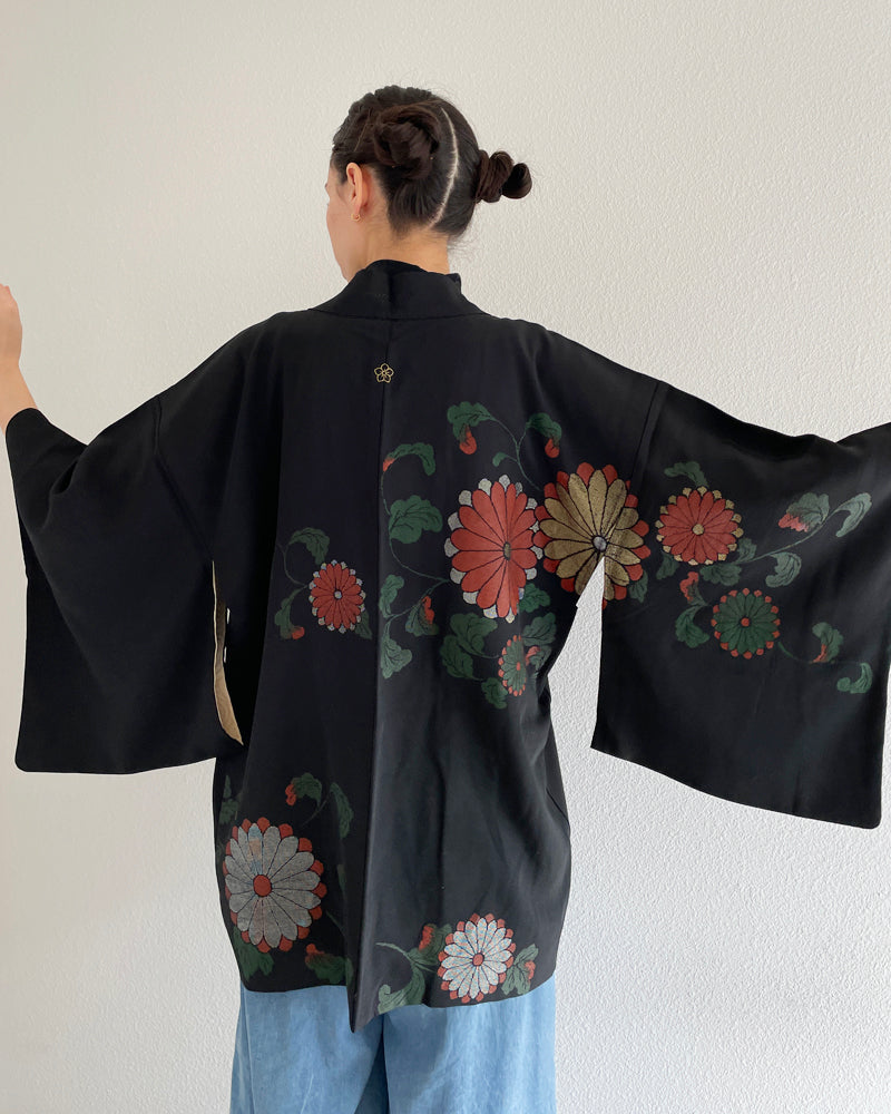 Weaving Embroidery of Chrysanthemum Black Haori Kimono Jacket