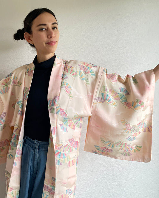 Color Fan Hankles Textile Long Haori Kimono Jacket