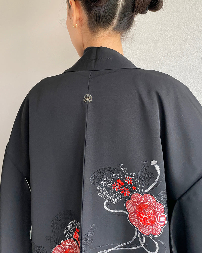Weaving Embroidery of Flowers Black Haori Kimono Jacket