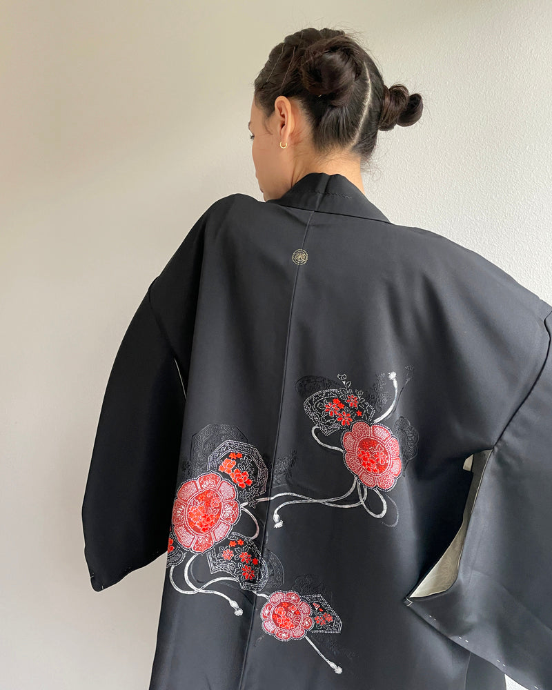 Weaving Embroidery of Flowers Black Haori Kimono Jacket