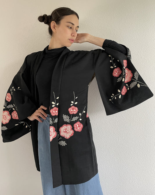 Shibori Sakura Black Haori Kimono Jacket