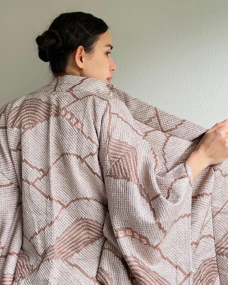Fan Hankle Pink Beige Shibori Haori Kimono Jacket