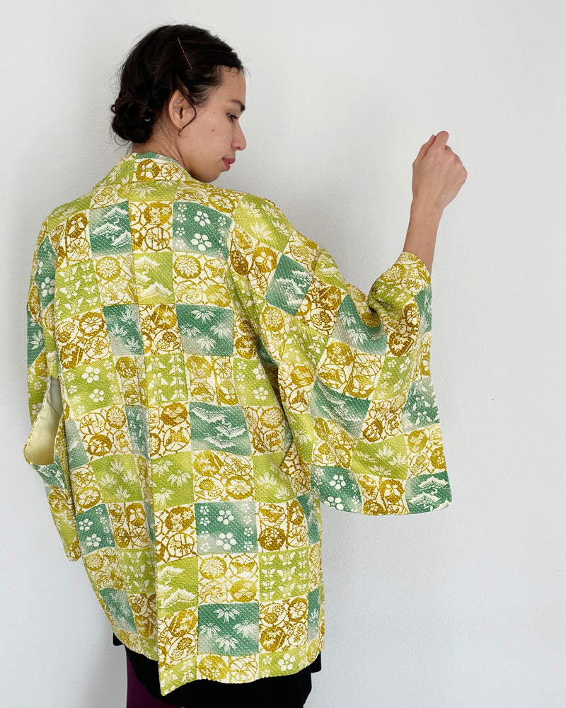 Flower, Pine Tree, Wave Textile Shibori Haori Kimono Jacket