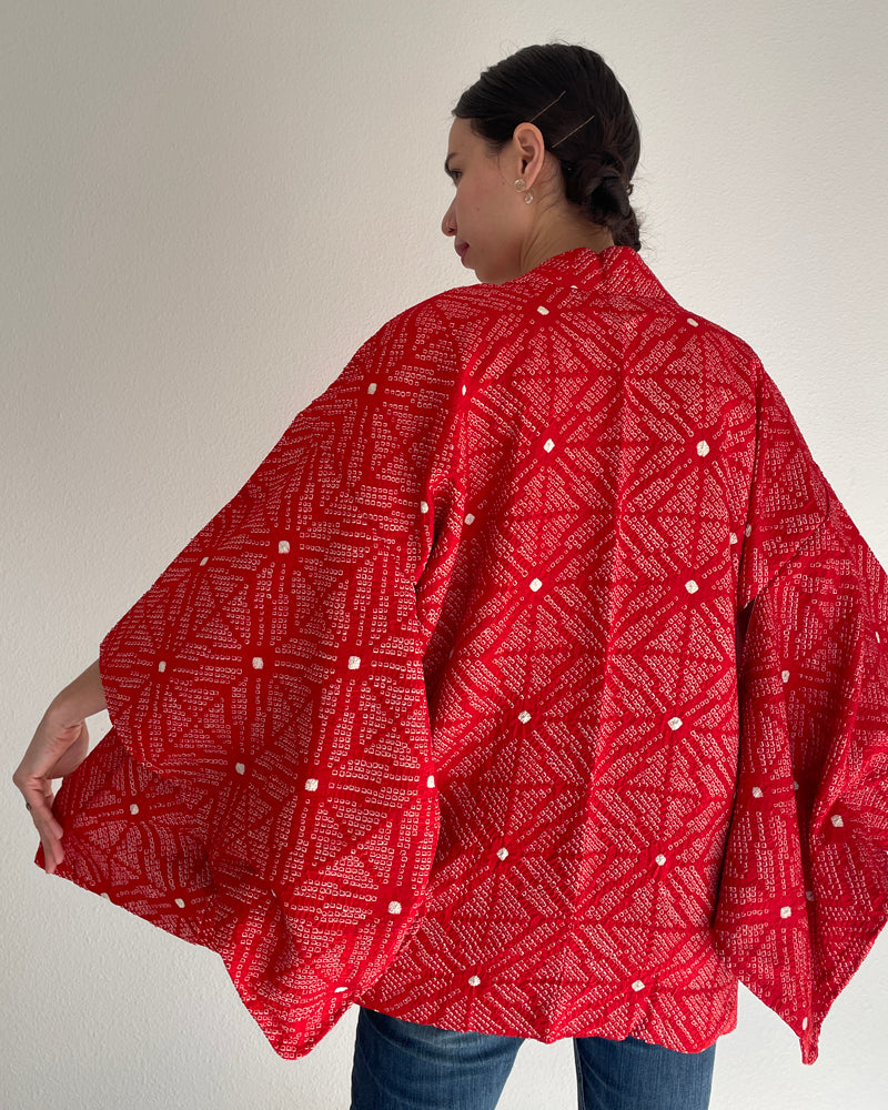Red Textile Shibori Haori Kimono Jacket