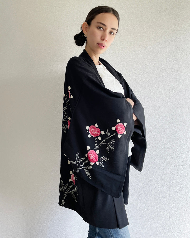 Shibori Flower Black Haori Kimono Jacket