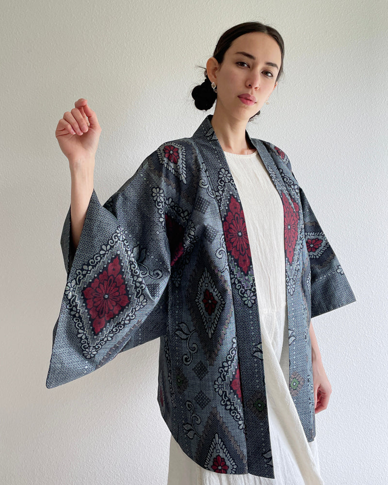 Flower Pattern Oshima Tsumugi Haori Kimono Jacket