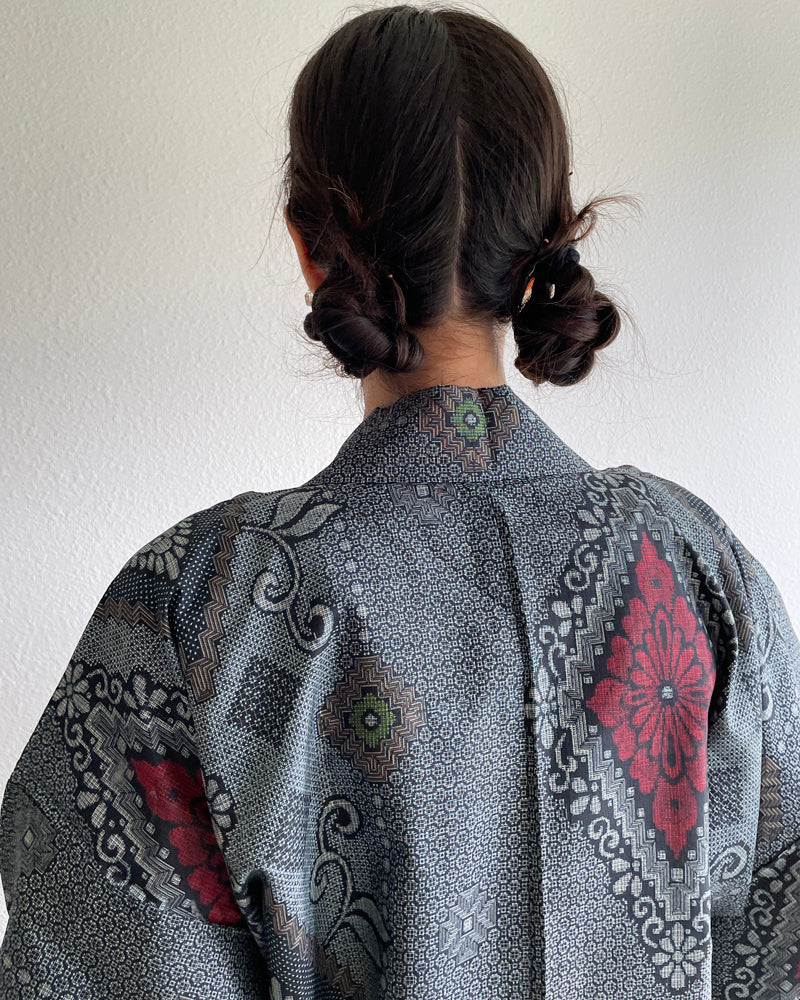 Flower Pattern Oshima Tsumugi Haori Kimono Jacket