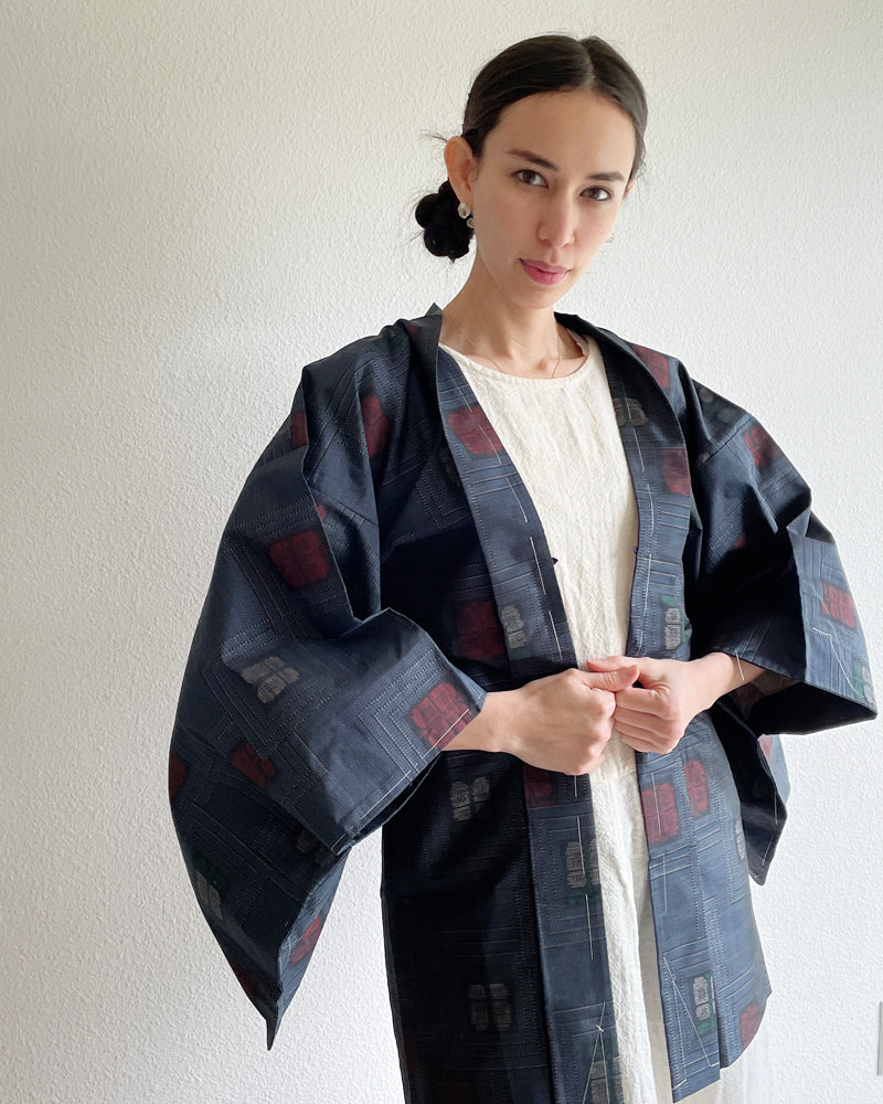 Red Flower Textile Oshima Tsumugi Haori Kimono Jacket