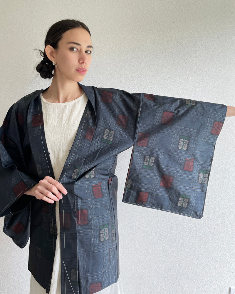 Red Flower Textile Oshima Tsumugi Haori Kimono Jacket