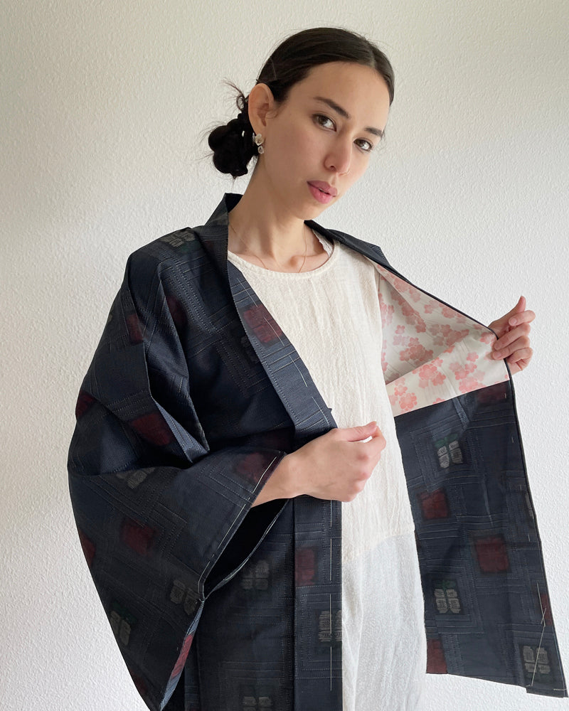 Red Flower Textile Oshima Tsumugi Haori Kimono Jacket