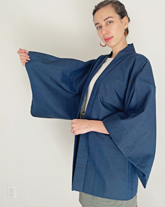 Hand Woven Indigo Tsumugi Haori Kimono Jacket
